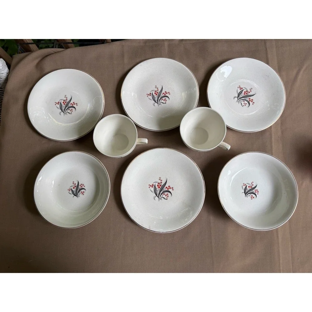 Wedgwood Set Of 8 Black Red Gold Trim VTG England Small Plates Cups Bowls
